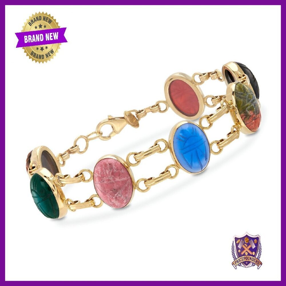 18kt Gold Multi-Gemstone Scarab Bracelet, 7 Inches, Lobster Clasp